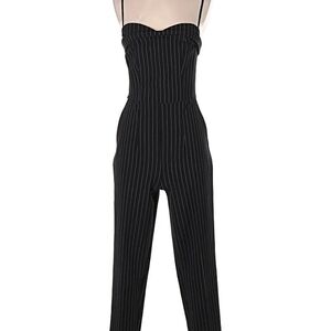 BLACK PINSTRIPE SWEETHEART NECKLINE STRAIGHT LEG JUMPSUIT